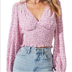 ASTR the Label V-neck Smocked Waist Long Sleeve Top Pink Fuchsia Floral Size S